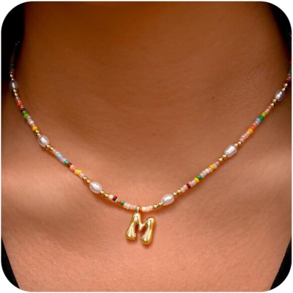 Beautiful Initial Necklace for Girls - Colorful Pearl & Gold Pendant Design - Picture 1 of 7